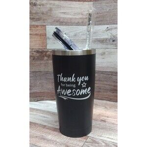 20oz Black Tumbler Insulated Travel Cup Coffee Mug Thank You Gift With Straw